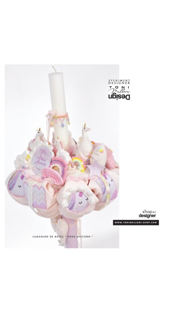 Lumanare de botez roz pentru fetite cu unicorni, 65x4cm, Baby Unicorn 1
